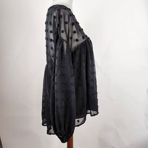 Anthropologie Entro Black Sheer Flocked Peasant Swing Top Womens S - Picture 3 of 5